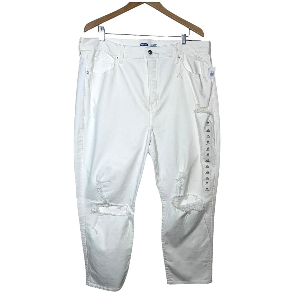 Old Navy Sky-Hi Straight‎ Jeans Women 18 Extra High Rise White Denim Distressed